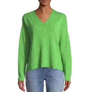 Eileen Fisher Linen Top V-Neck Long Sleeve Knit Classic Pullover Green Sz 1X